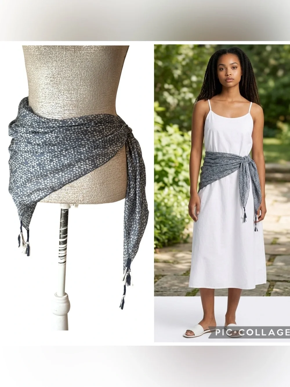 Pom Pom at Home Navy White Silk Geo Print Tassel Square Scarf Wrap 40” OS